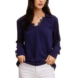 SINGLE THREAD TOP WOMEN'S SIZE XSMALL LACE TRIM V NECK POPOVER BLOUSE BLUE NEW